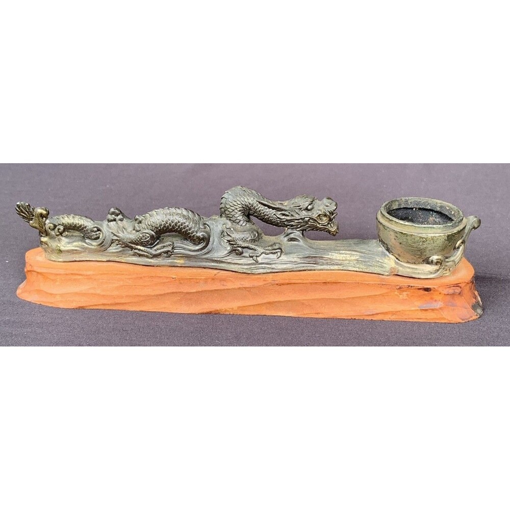 Vintage Asian Dragon Incense Burner Bronzy Brass Copper Color  No Lid Wood Base
